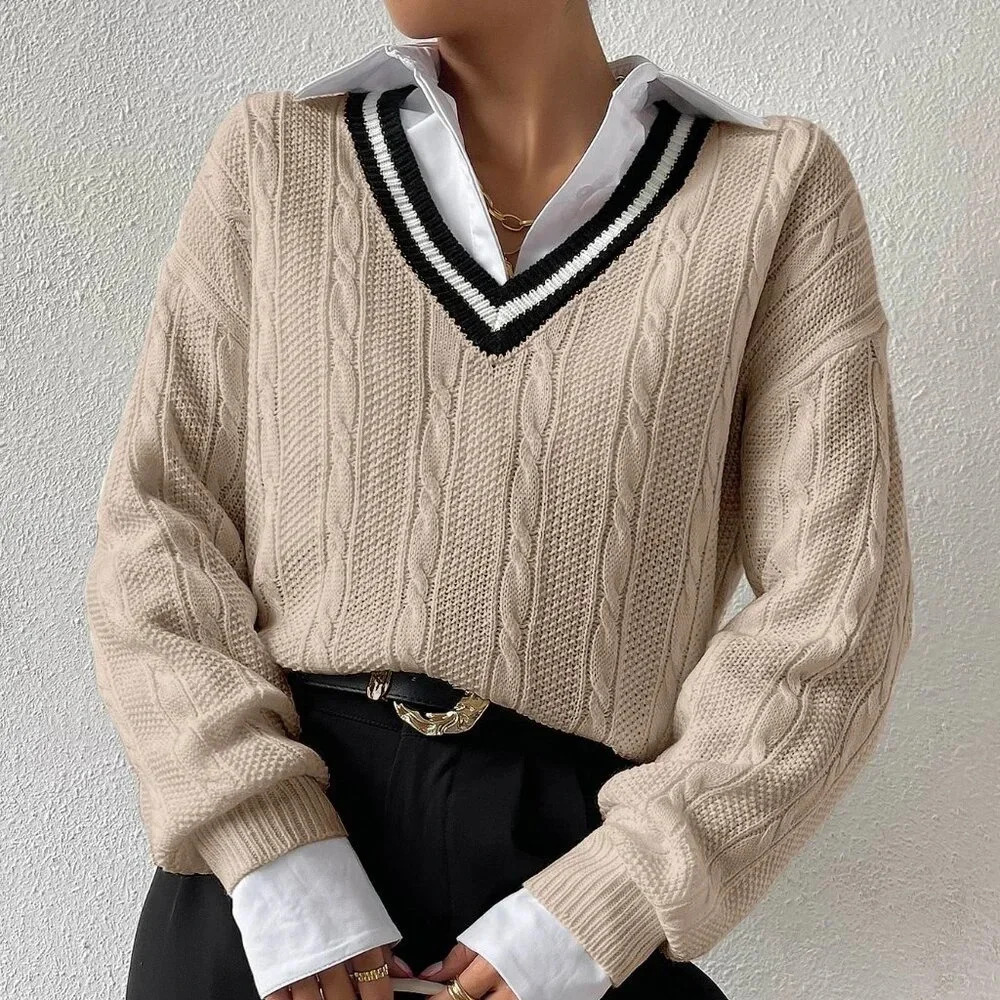 Khaki Casual Women's Striped Trim Drop Shoulder Cable Knit Sweater